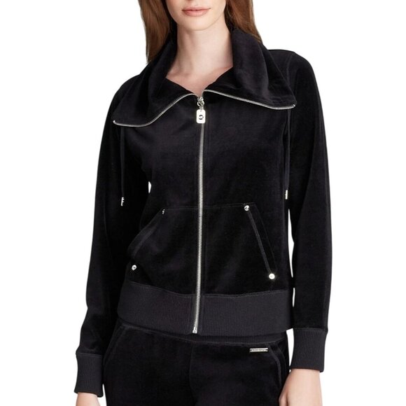 Michael Kors Zip Front Velour Jacket Black Sz Medium Long Sleeve Sportswear - Picture 2 of 11